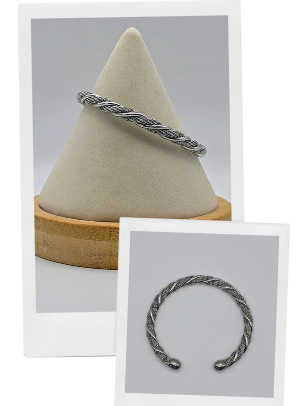 Twisted Silver Cable Mesh Open Cuff Bracelet with Polished Ball Ends